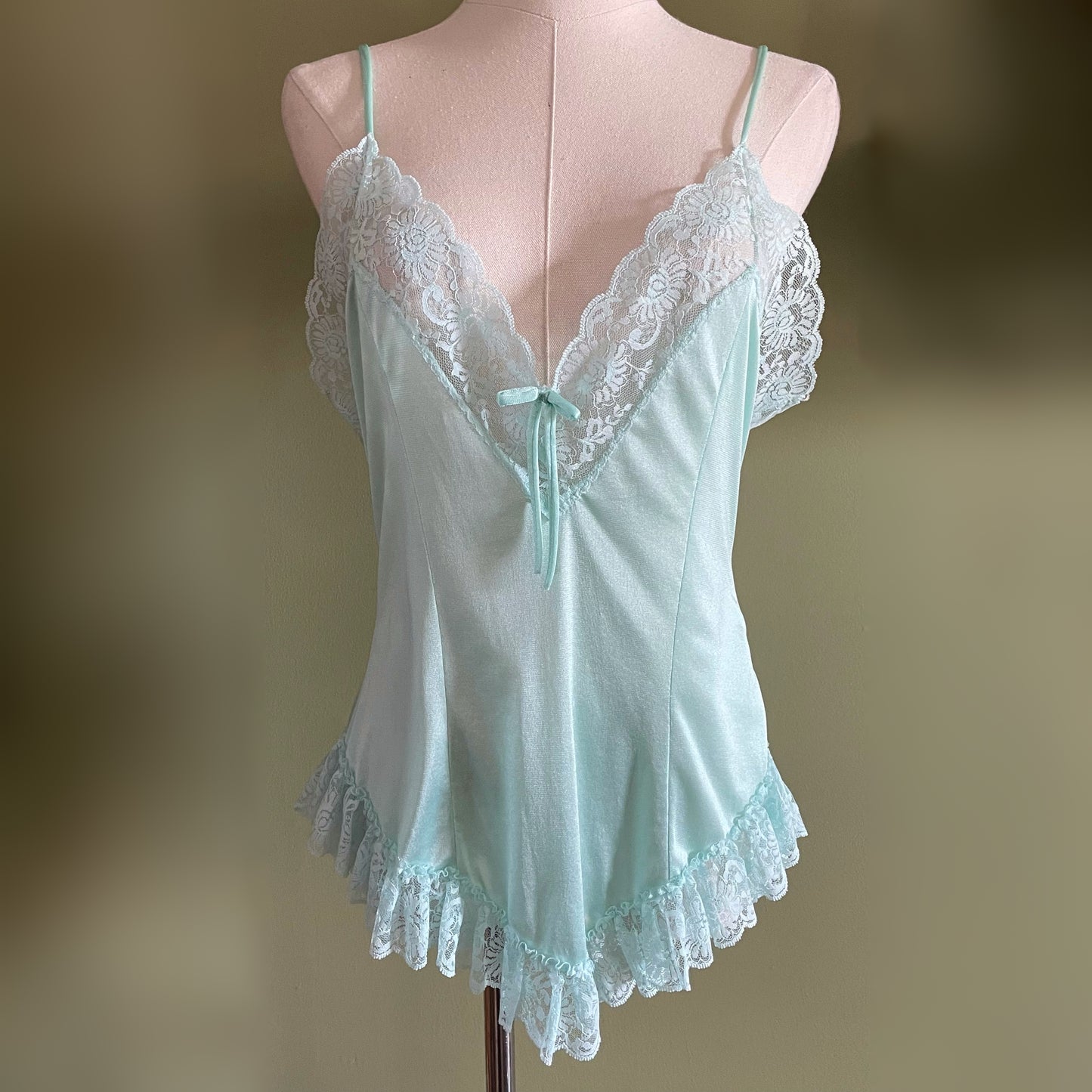 Vintage Lace Ruffle Blue Green Lingerie Top