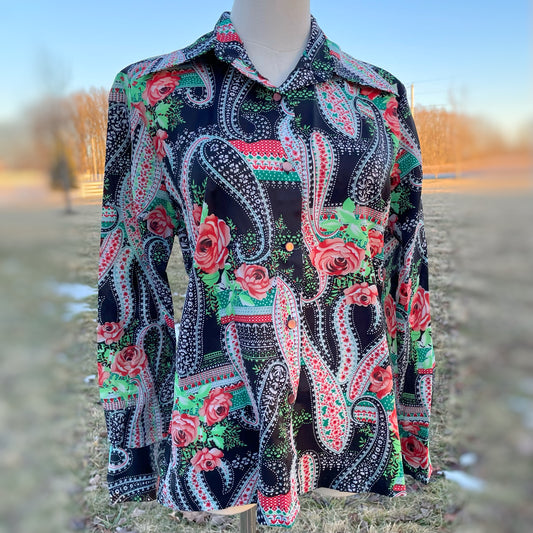 Vintage 70’s Paisley Rose Pattern Groovy Dagger Collar Button Down Long Sleeve Blouse