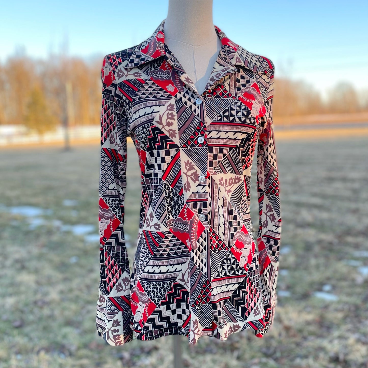 Vintage 70’s Geometric Mixed Pattern Groovy Button Down Blouse