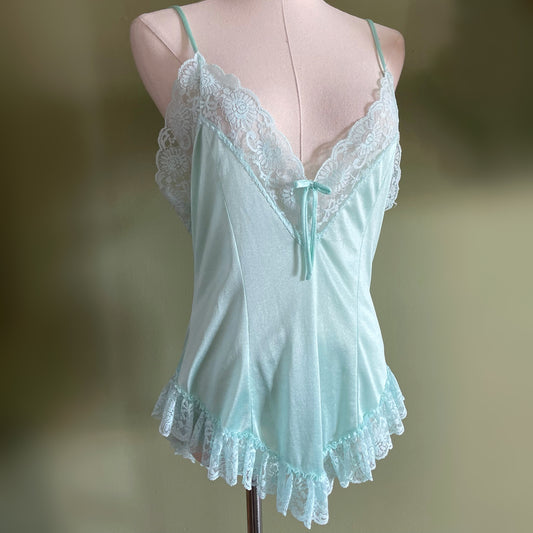 Vintage Lace Ruffle Blue Green Lingerie Top