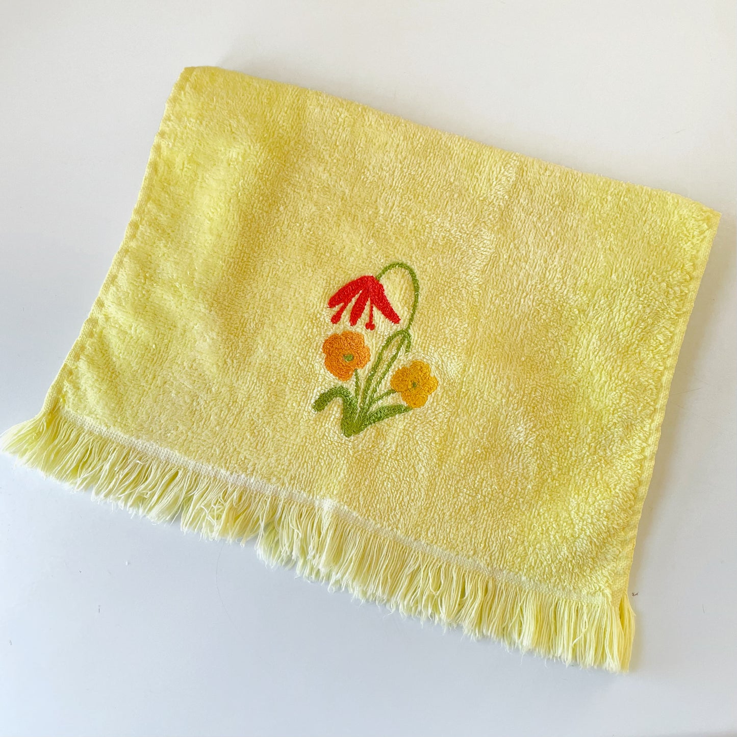 Vintage 70s Fieldcrest Chain Stitch Embroidery Floral Yellow Small Hand Towel