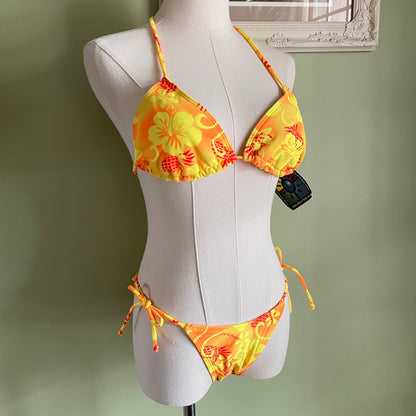 Vintage Y2K Bright Vibrant Neon Hibiscus Pineapple Tropical Print String Bikini